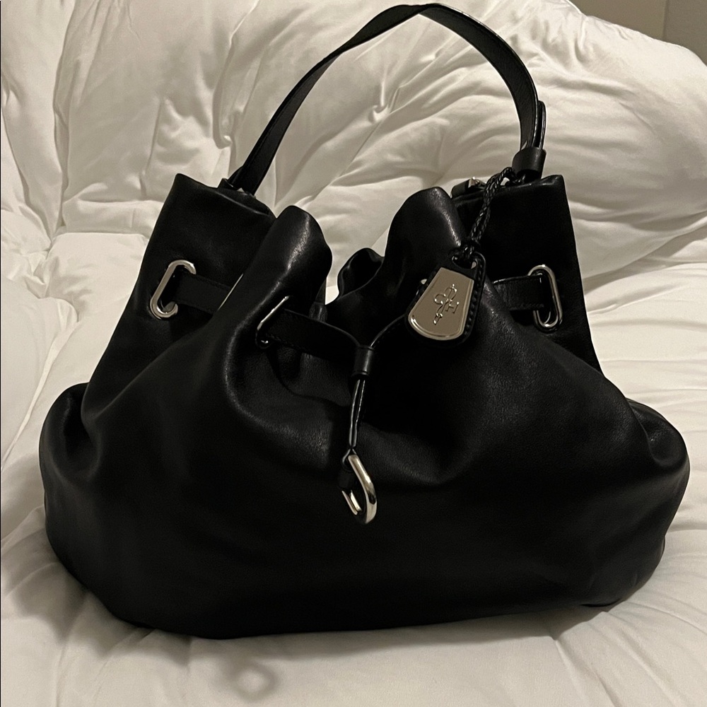 Cole Haan Black Leather Drawstring Hobo Bag